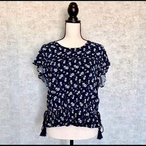 Xhilaration navy blue and white floral smocked top